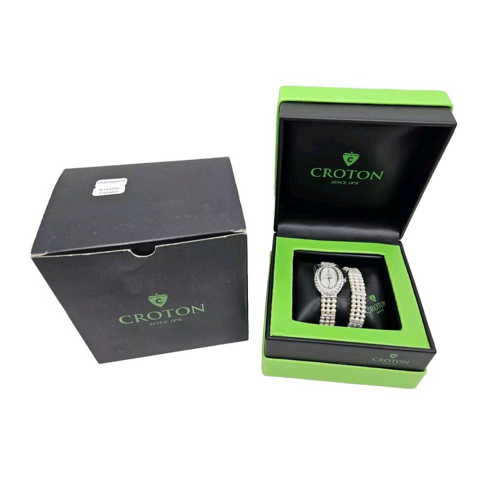 Croton Cultured Freshwater Pearl and Crystal Silvertone Watch & Bracelet Set New